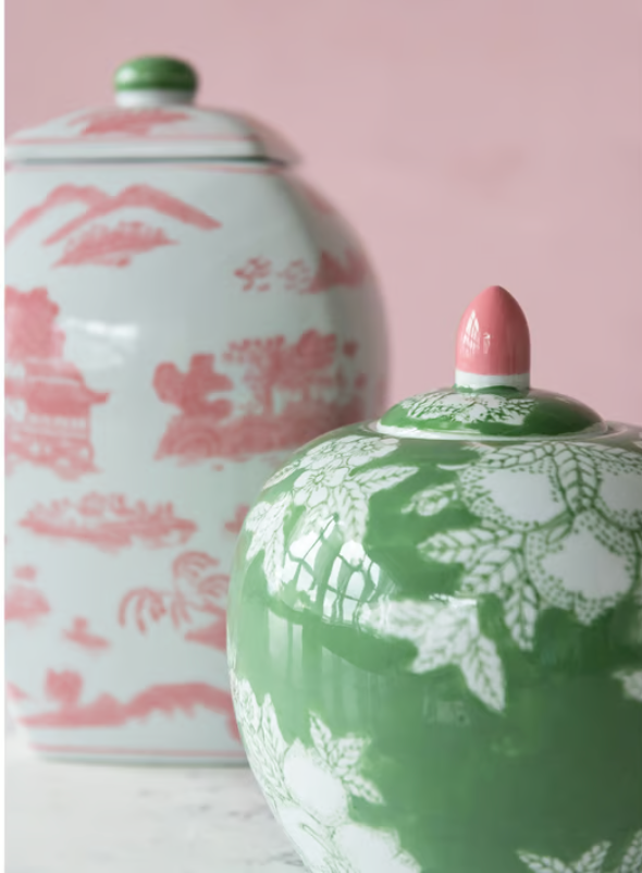 Hand-Painted Green Ginger Jar w/ Birds