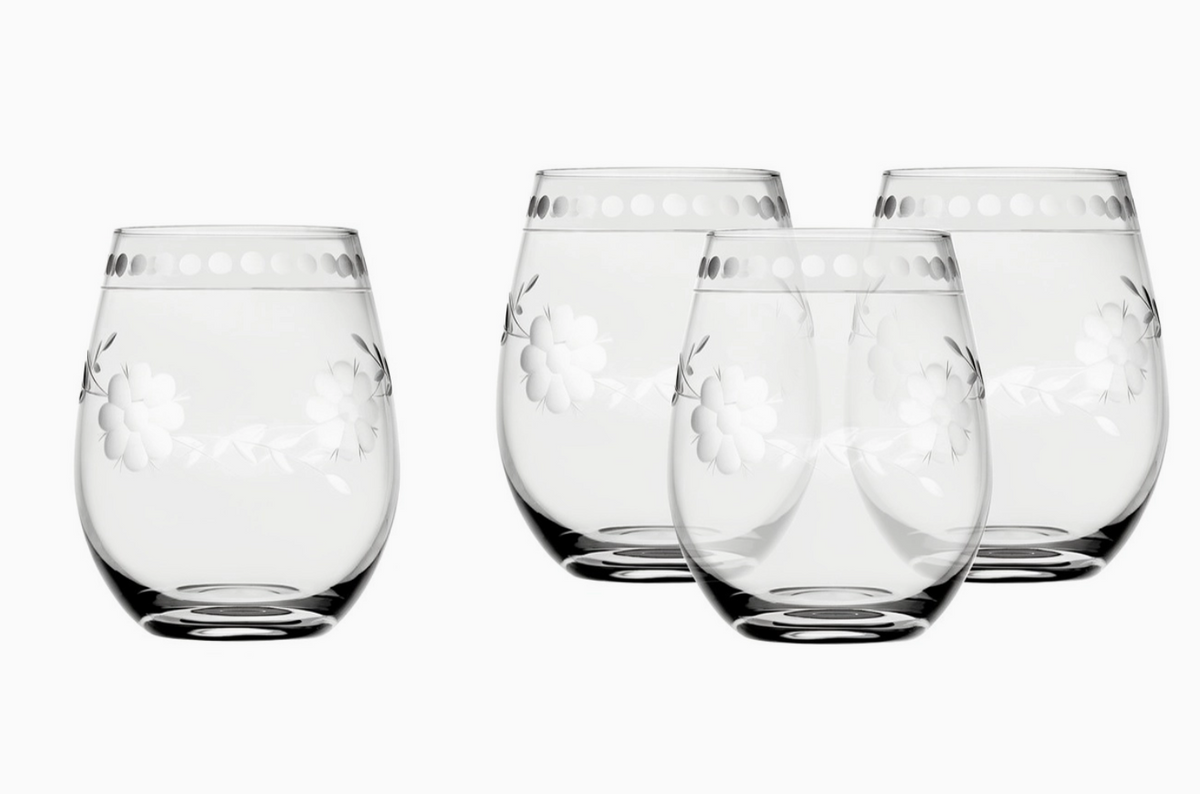 Belle Fleur Clear Stemless Wine Glasses S/4