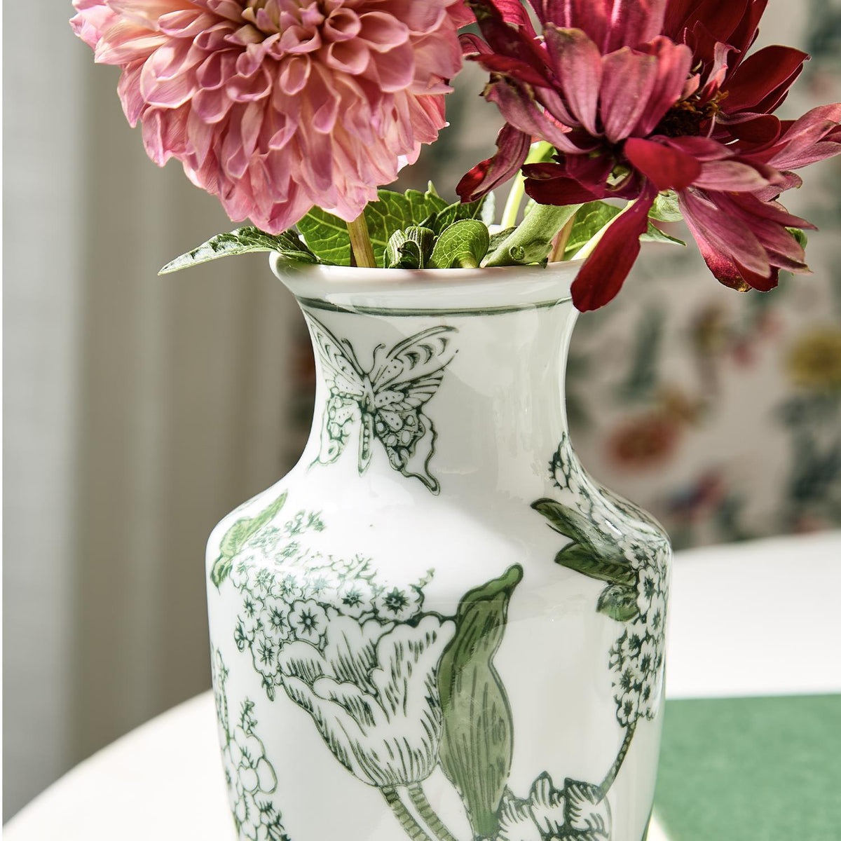Primrose & Lotus Hand-Painted Green & White Vases