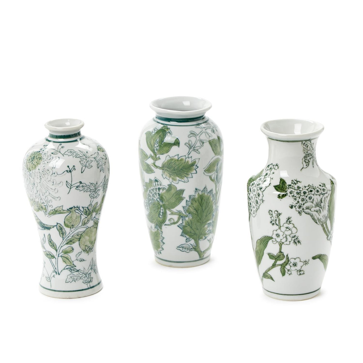 Primrose & Lotus Hand-Painted Green & White Vases