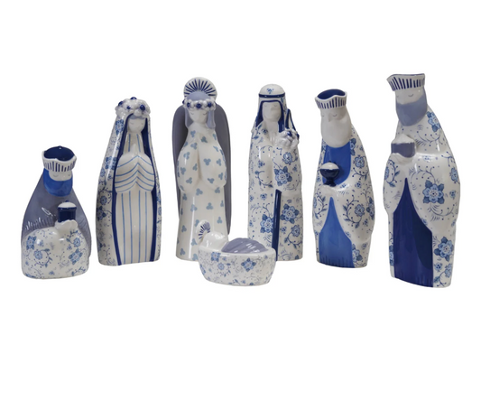 Blue and white ceramic nativity set
