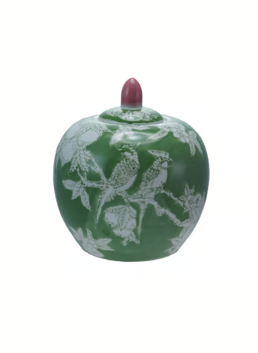 Hand-Painted Green Ginger Jar w/ Birds